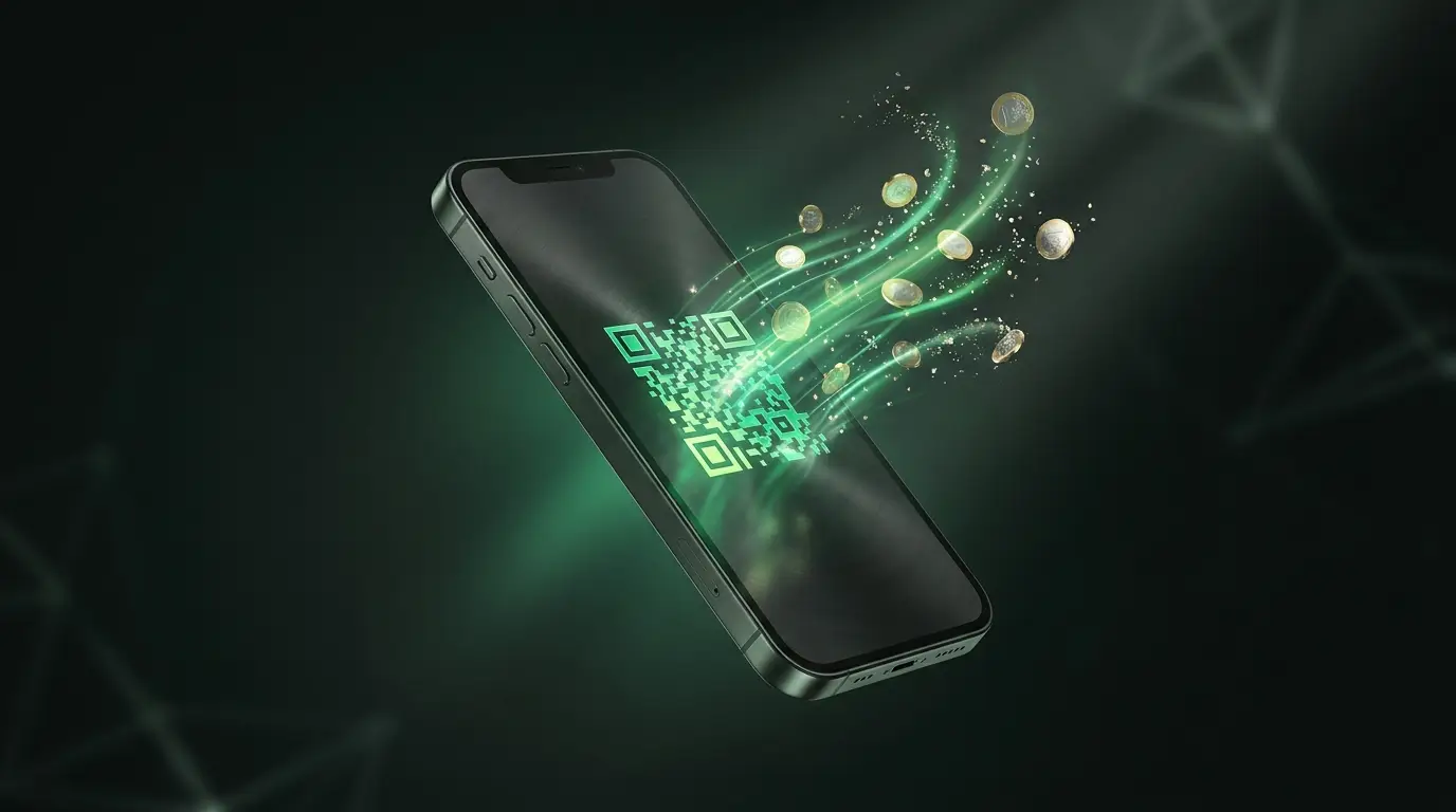 Smartphone mit leuchtendem Girocode-QR und Euro-Lichtpartikeln