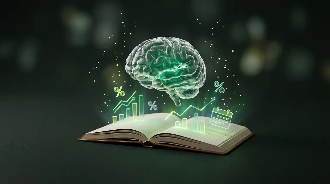 Leuchtendes Gehirn über einem Buchhaltungs-Journal mit holografischen Diagrammen